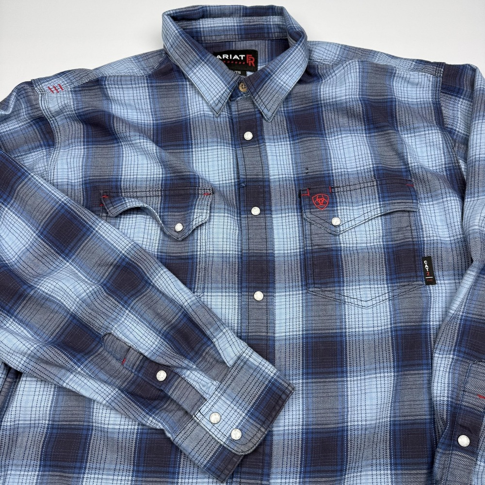 Ariat FR Pearl Snap Flannel Shirt Mens 2XL Blue Flame Resistant Long Sleeve